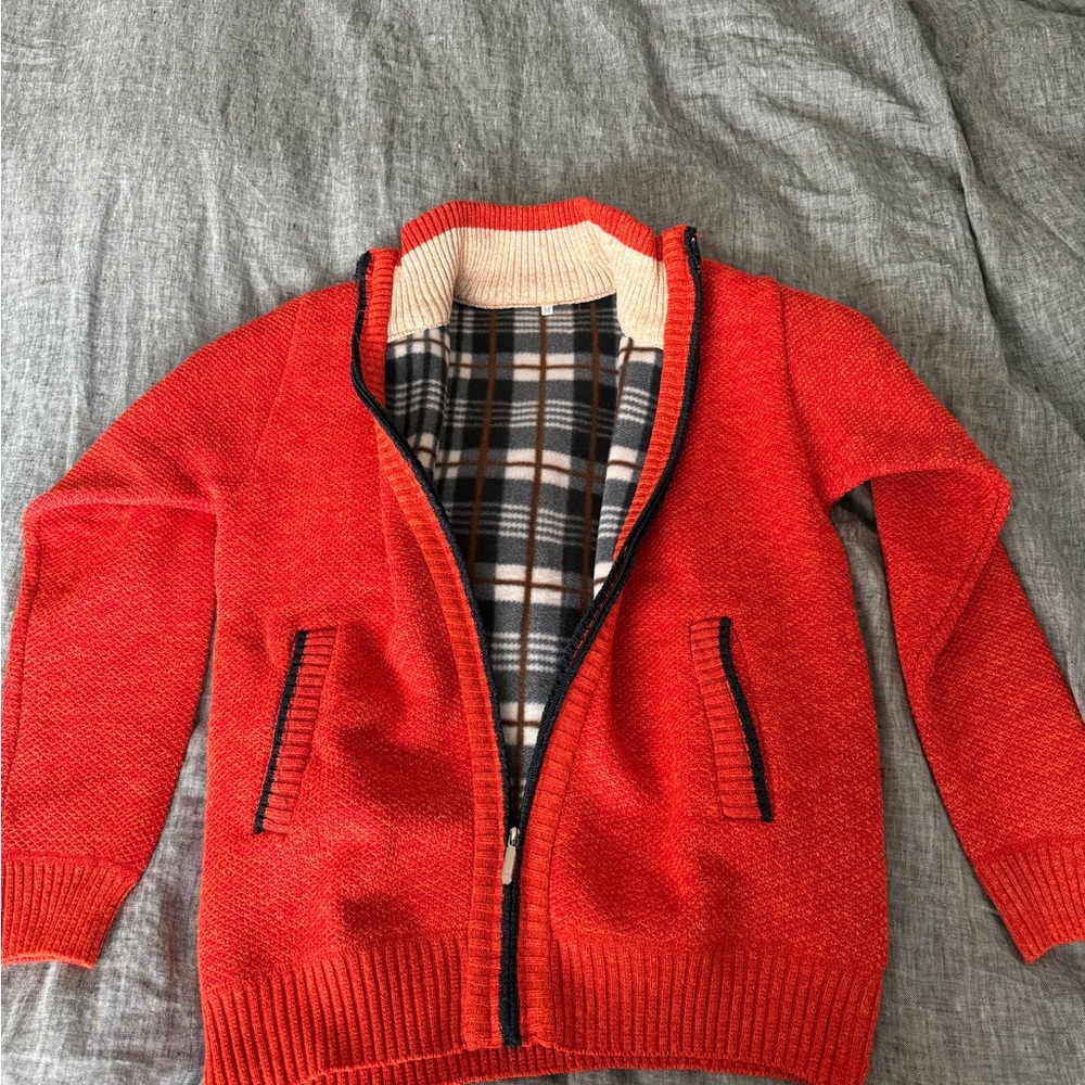 Red Zip-Up Cardigan with Plaid Lining
